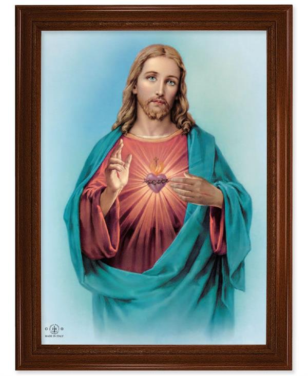 Sacred Heart Picture, 24"x31" Walnut Finish Frame with Fluted Detail , Italian Print # 22096