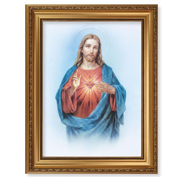 Sacred Heart Picture, 15-1/2"x19-1/2 Antique Gold Leaf Frame, Acanthus-Leaf Trim, Beaded Lip, Textured Italian Print # 22164