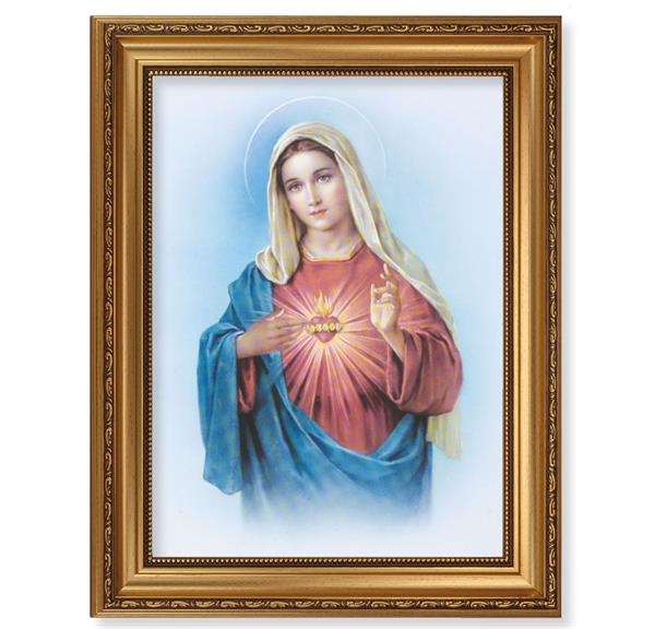Immaculate Heart Picture, 15-1/2"x19-1/2 Antique Gold Leaf Frame, Acanthus-Leaf Trim, Beaded Lip, Textured Italian Print # 22165
