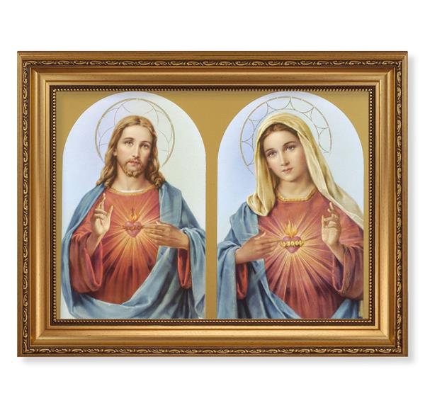 The Sacred Hearts Picture, 15-1/2"x19-1/2 Antique Gold Leaf Frame, Acanthus-Leaf Trim, Beaded Lip, Textured Italian Print # 22166