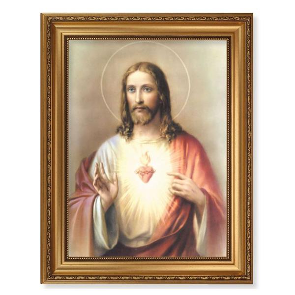 Sacred Heart of Jesus Picture, 15-1/2"x19-1/2 Antique Gold Leaf Frame, Acanthus-Leaf Trim, Beaded Lip, Textured Italian Print # 22167