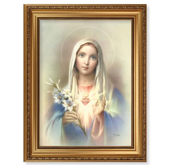 Immaculate Heart of Mary Picture, 15-1/2"x19-1/2 Antique Gold Leaf Frame, Acanthus-Leaf Trim, Beaded Lip, Textured Italian Print # 22168