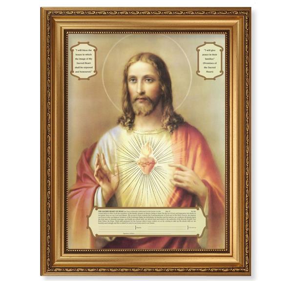 Sacred Heart Enthronement Picture, 15-1/2"x19-1/2 Antique Gold Leaf Frame, Acanthus-Leaf Trim, Beaded Lip, Textured Italian Print # 22169