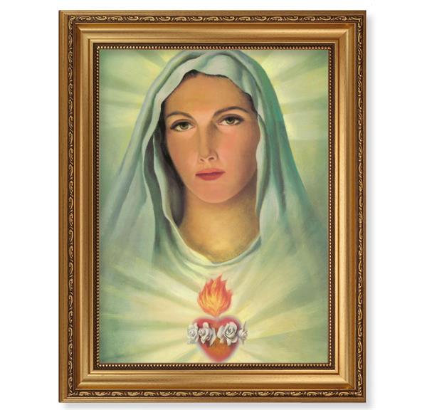 Immaculate Heart Picture, 15-1/2"x19-1/2 Antique Gold Leaf Frame, Acanthus-Leaf Trim, Beaded Lip, Textured Italian Print # 22171