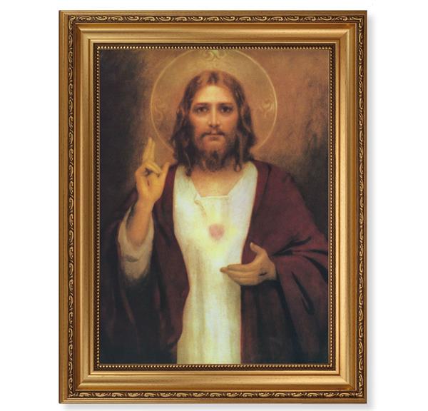 Chambers Sacred Heart Picture, 15-1/2"x19-1/2 Antique Gold Leaf Frame, Acanthus-Leaf Trim, Beaded Lip, Textured Italian Print # 22172