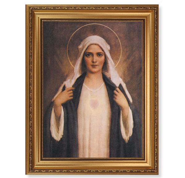 Chambers Immaculate Heart Picture, 15-1/2"x19-1/2 Antique Gold Leaf Frame, Acanthus-Leaf Trim, Beaded Lip, Textured Italian Print # 22173