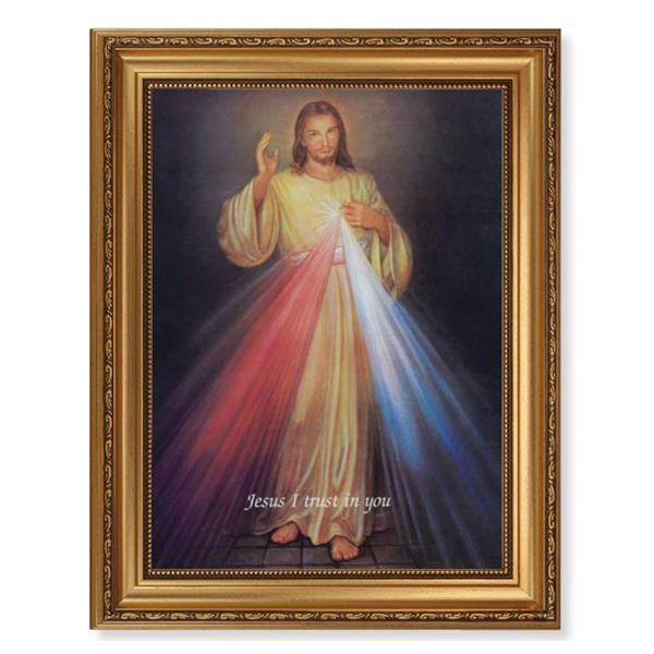 Divine Mercy Picture, 15-1/2"x19-1/2 Antique Gold Leaf Frame, Acanthus-Leaf Trim, Beaded Lip, Textured Italian Print # 22174
