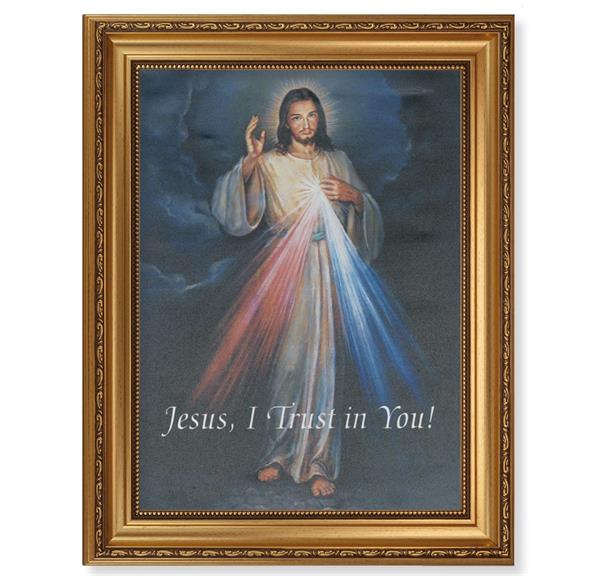 Divine Mercy Picture, 15-1/2"x19-1/2 Antique Gold Leaf Frame, Acanthus-Leaf Trim, Beaded Lip, Canvas Mounted Print # 22175