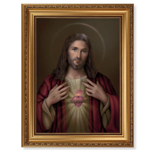 Sacred Heart Picture, 15-1/2"x19-1/2 Antique Gold Leaf Frame, Acanthus-Leaf Trim, Beaded Lip, Textured Italian Print # 22176