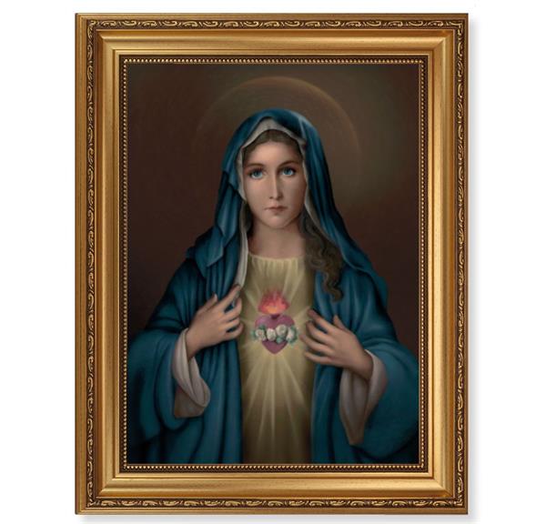 Immaculate Heart Picture, 15-1/2"x19-1/2 Antique Gold Leaf Frame, Acanthus-Leaf Trim, Beaded Lip, Textured Italian Print # 22177
