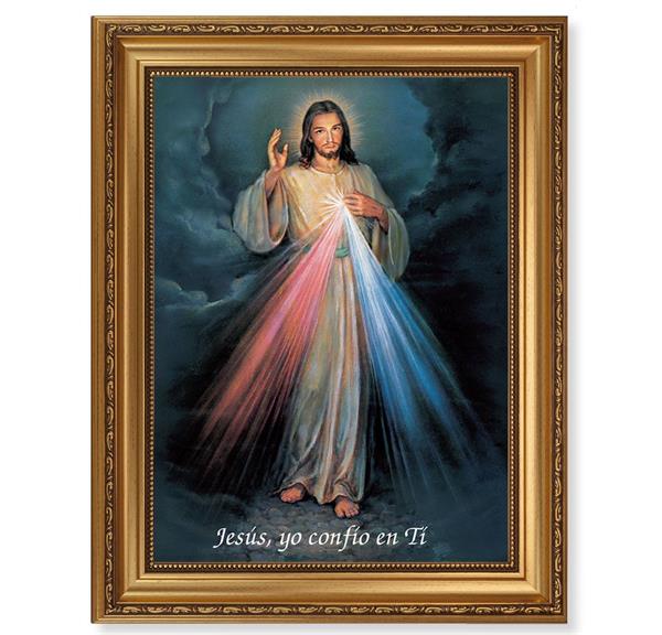 Divine Mercy in Spanish Picture, 15-1/2"x19-1/2 Antique Gold Leaf Frame, Acanthus-Leaf Trim, Beaded Lip, Textured Italian Print # 22178