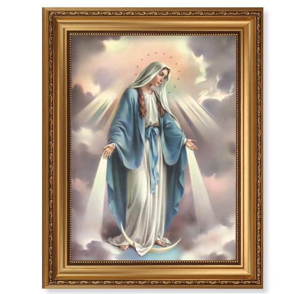 Our Lady of Grace Picture, 15-1/2"x19-1/2 Antique Gold Leaf Frame, Acanthus-Leaf Trim, Beaded Lip, Textured Italian Print # 22179