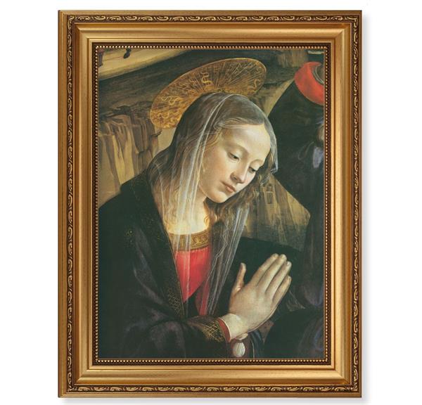 Ghirlandaio Praying Madonna Picture, 15-1/2"x19-1/2 Antique Gold Leaf Frame, Acanthus-Leaf Trim, Beaded Lip, Textured Italian Print # 22180