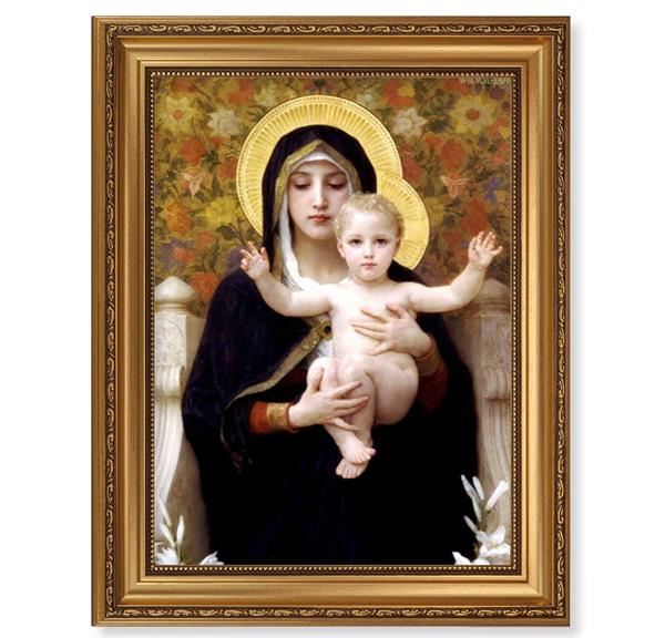 Bouguereau Madonna of The Lillies Picture, 15-1/2"x19-1/2 Antique Gold Leaf Frame, Acanthus-Leaf Trim, Beaded Lip, Textured Italian Print # 22181
