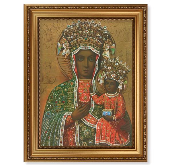 Our Lady of Czestochowa Picture, 15-1/2"x19-1/2 Antique Gold Leaf Frame, Acanthus-Leaf Trim, Beaded Lip, Textured Italian Print # 22185
