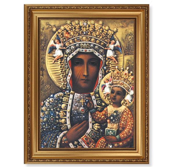 Our Lady of Czestochowa Picture, 15-1/2"x19-1/2 Antique Gold Leaf Frame, Acanthus-Leaf Trim, Beaded Lip, Textured Italian Print # 22186
