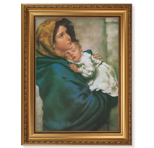 Madonna of The Streets Picture, 15-1/2"x19-1/2 Antique Gold Leaf Frame, Acanthus-Leaf Trim, Beaded Lip, Textured Italian Print # 22187