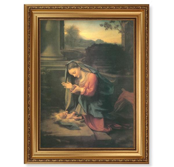 Corrreggio Our Lady Worshipping Child, 15-1/2"x19-1/2 Antique Gold Leaf Frame, Acanthus-Leaf Trim, Beaded Lip, Textured Italian Print # 22188