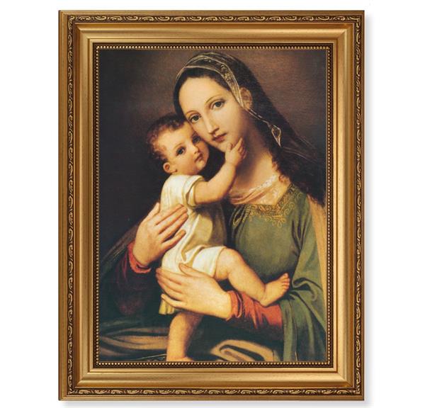 Miraculous Image of The Succouring Mary, 15-1/2"x19-1/2 Antique Gold Leaf Frame, Acanthus-Leaf Trim, Beaded Lip, Textured Italian Print # 22189