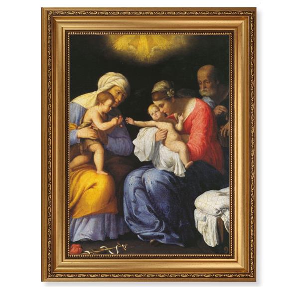 St. Anne, John The Baptist and Holy Family, 15-1/2"x19-1/2 Antique Gold Leaf Frame, Acanthus-Leaf Trim, Beaded Lip, Textured Italian Print # 22190