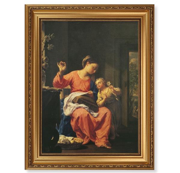 Jesus & Mary Picture, 15-1/2"x19-1/2 Antique Gold Leaf Frame, Acanthus-Leaf Trim, Beaded Lip, Textured Italian Print # 22191