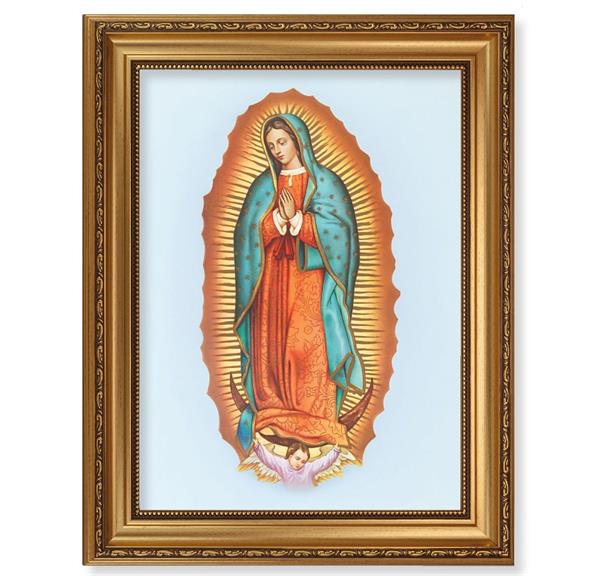 Our Lady of Guadalupe Picture, 15-1/2"x19-1/2 Antique Gold Leaf Frame, Acanthus-Leaf Trim, Beaded Lip, Textured Italian Print # 22192