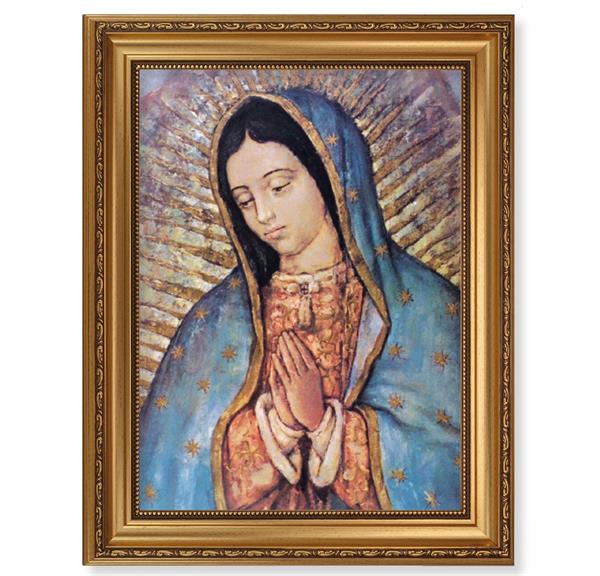 Our Lady of Guadalupe Portrait, 15-1/2"x19-1/2 Antique Gold Leaf Frame, Acanthus-Leaf Trim, Beaded Lip, Textured Italian Print # 22193