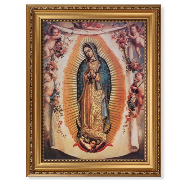 Our Lady of Guadalupe with Angels, 15-1/2"x19-1/2 Antique Gold Leaf Frame, Acanthus-Leaf Trim, Beaded Lip, Textured Italian Print # 22194