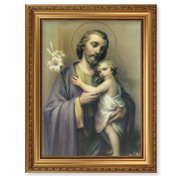 Saint Joseph Picture, 15-1/2"x19-1/2 Antique Gold Leaf Frame, Acanthus-Leaf Trim, Beaded Lip, Textured Italian Print # 22195