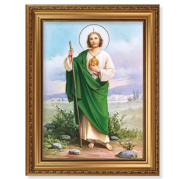 Saint Jude Picture, 15-1/2"x19-1/2 Antique Gold Leaf Frame, Acanthus-Leaf Trim, Beaded Lip, Textured Italian Print # 22196