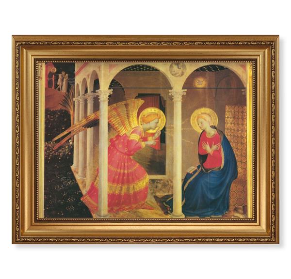 Angelico The Annunciation Picture, 15-1/2"x19-1/2 Antique Gold Leaf Frame, Acanthus-Leaf Trim, Beaded Lip, Textured Italian Print # 22197