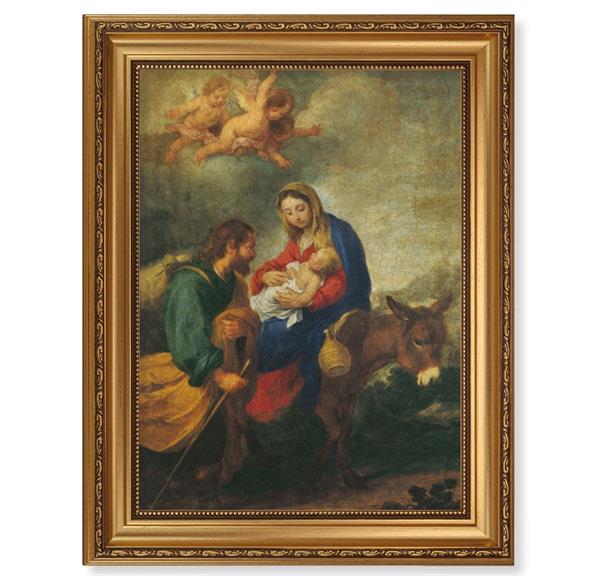 Flight into Egypt Picture, 15-1/2"x19-1/2 Antique Gold Leaf Frame, Acanthus-Leaf Trim, Beaded Lip, Textured Italian Print # 22198