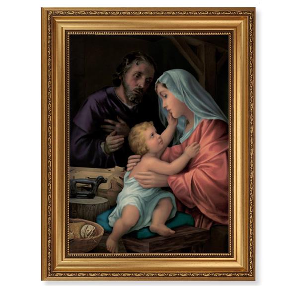 Holy Family Picture, 15-1/2"x19-1/2 Antique Gold Leaf Frame, Acanthus-Leaf Trim, Beaded Lip, Textured Italian Print # 22199