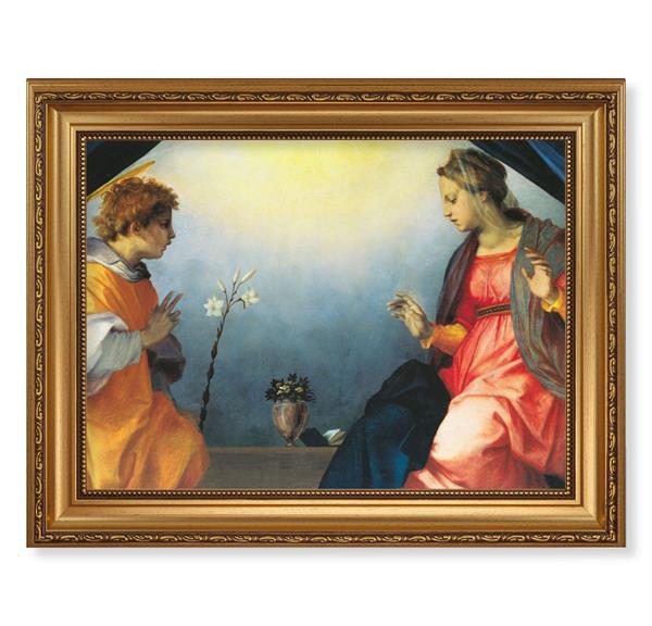Sarto The Annunciation Picture, 15-1/2"x19-1/2 Antique Gold Leaf Frame, Acanthus-Leaf Trim, Beaded Lip, Textured Italian Print # 22201