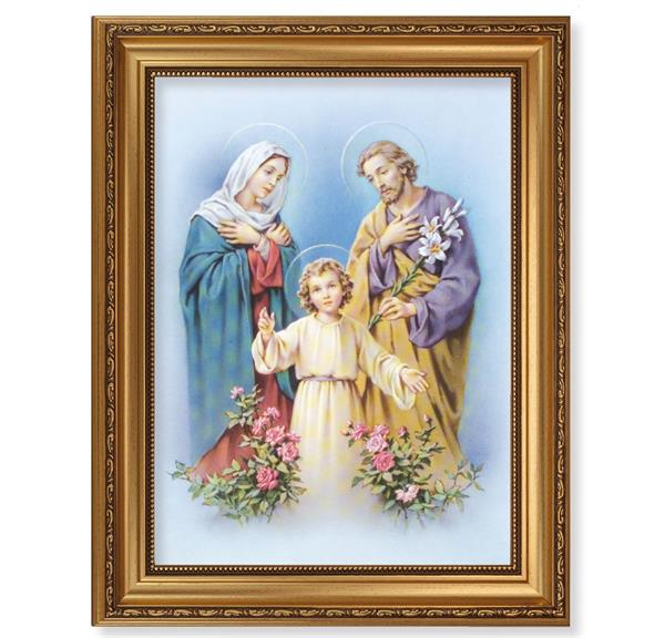 Holy Family Picture, 15-1/2"x19-1/2 Antique Gold Leaf Frame, Acanthus-Leaf Trim, Beaded Lip, Textured Italian Print # 22202