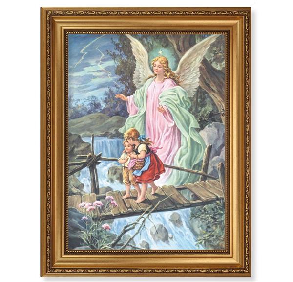 Guardian Angel Picture, 15-1/2"x19-1/2 Antique Gold Leaf Frame, Acanthus-Leaf Trim, Beaded Lip, Textured Italian Print # 22203