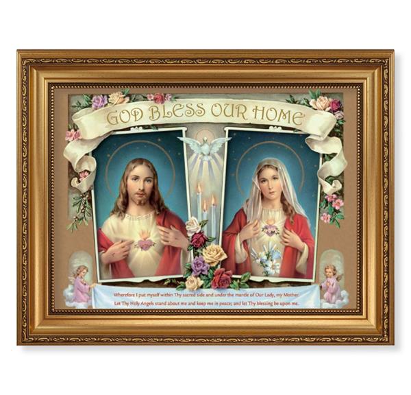 House Blessing Picture, 15-1/2"x19-1/2 Antique Gold Leaf Frame, Acanthus-Leaf Trim, Beaded Lip, Textured Italian Print # 22204