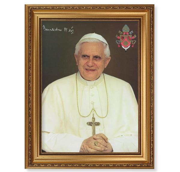 Pope Benedict XVI Picture, 15-1/2"x19-1/2 Antique Gold Leaf Frame, Acanthus-Leaf Trim, Beaded Lip, Textured Italian Print # 22205