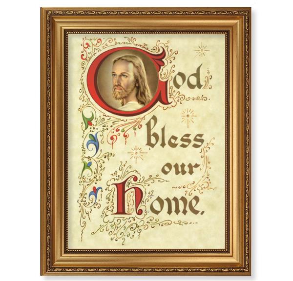 God Bless Our Home Picture, 15-1/2"x19-1/2 Antique Gold Leaf Frame, Acanthus-Leaf Trim, Beaded Lip, Textured Italian Print # 22207