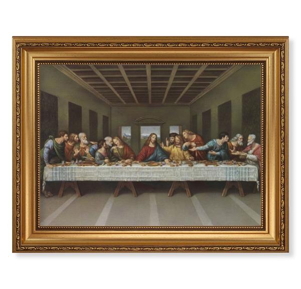 Davinci Last Supper Picture, 15-1/2"x19-1/2 Antique Gold Leaf Frame, Acanthus-Leaf Trim, Beaded Lip, Textured Italian Print # 22208