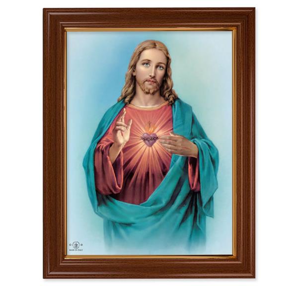 Sacred Heart Picture, 15-1/2"x19-1/2 Walnut Finish Frame with Thin Gold Lip, Textured Italian Print # 22210