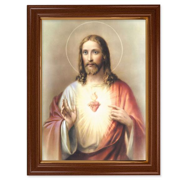 Sacred Heart of Jesus Picture, 15-1/2"x19-1/2 Walnut Finish Frame with Thin Gold Lip, Textured Italian Print # 22213