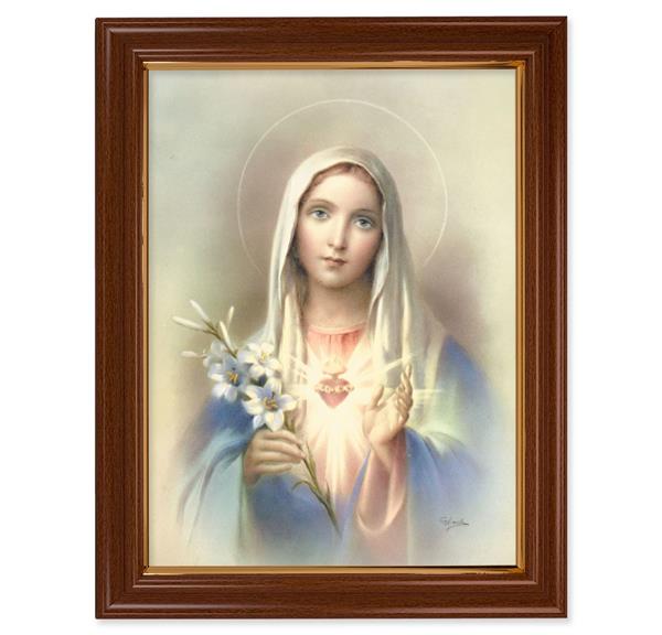 Immaculate Heart of Mary Picture, 15-1/2"x19-1/2 Walnut Finish Frame with Thin Gold Lip, Textured Italian Print # 22214