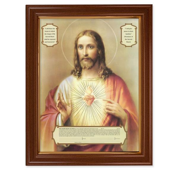Sacred Heart Enthronement Picture, 15-1/2"x19-1/2 Walnut Finish Frame with Thin Gold Lip, Textured Italian Print # 22215