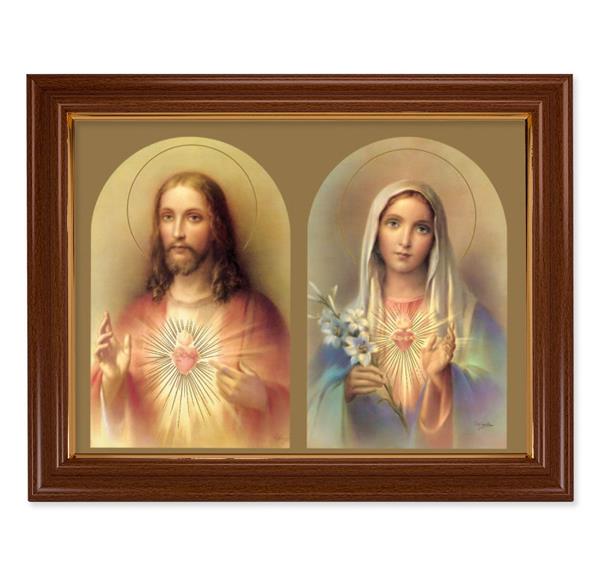 The Sacred Hearts Picture, 15-1/2"x19-1/2 Walnut Finish Frame with Thin Gold Lip, Textured Italian Print # 22216