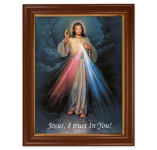 Divine Mercy Picture, 15-1/2"x19-1/2 Walnut Finish Frame with Thin Gold Lip, Textured Italian Print # 22220