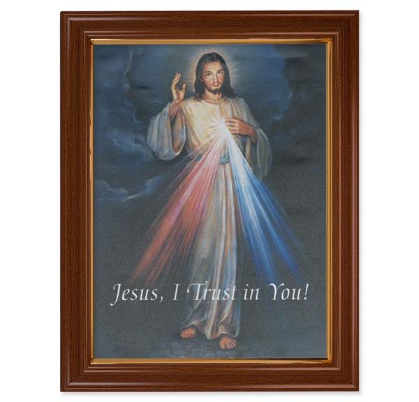 Divine Mercy Picture, 15-1/2"x19-1/2 Walnut Finish Frame with Thin Gold Lip, Canvas Mounted Print # 22221