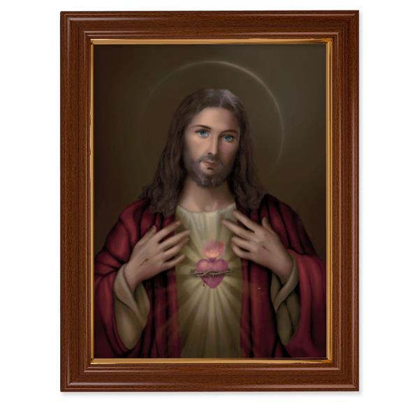 Sacred Heart Picture, 15-1/2"x19-1/2 Walnut Finish Frame with Thin Gold Lip, Textured Italian Print # 22222