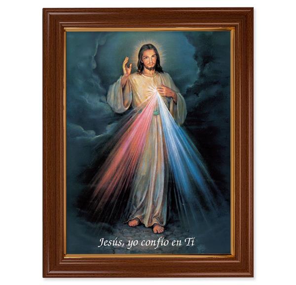 Divine Mercy in Spanish Picture, 15-1/2"x19-1/2 Walnut Finish Frame with Thin Gold Lip, Textured Italian Print # 22224
