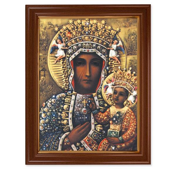 Our Lady of Czestochowa Picture, 15-1/2"x19-1/2 Walnut Finish Frame with Thin Gold Lip, Textured Italian Print # 22232